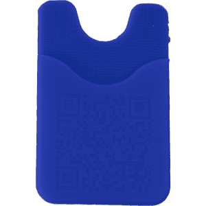A blue smart wallet designed to hold cards and features a textured surface and a logo.
