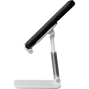 A folding desktop phone stand in white with a black phone positioned upright, featuring a sleek design.