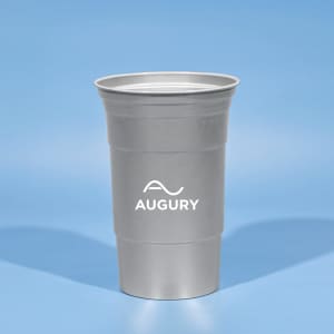 A drink bottle featuring a silver, recycled aluminum cup with a logo on the front against a light blue background.