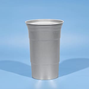 A drink bottle featuring a silver recycled aluminum design, with a sturdy stadium-style shape and a logo.
