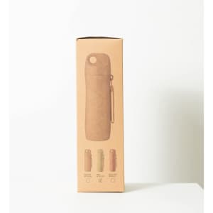A drink bottle in natural wheat straw colour, featuring a sleek design and attached carabiner, with branding displayed.