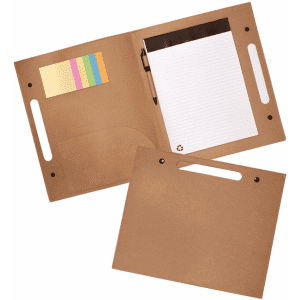 A brown Enviro Folder with a pen, includes a pad of lined paper and sticky notes in pastel colours.