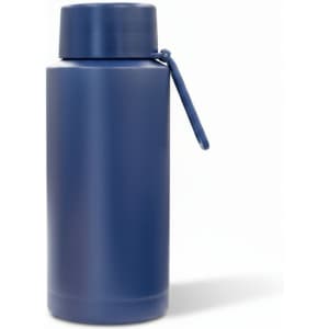 A drink bottle in a matte navy blue finish with a secure lid and a carry strap, featuring a logo.