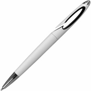 A white plastic pen with a chrome tip and a stylised clip, featuring a logo.