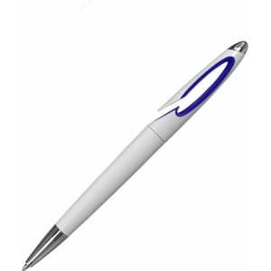 A white plastic pen with a blue accent and a chrome clip, featuring a logo on the body.