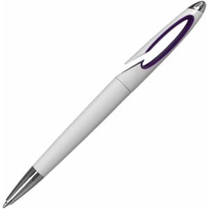 A plastic pen in white with a purple accent and chrome tip, featuring a logo.