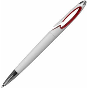 A plastic pen in white with a red accent and chrome tip, featuring a logo on the side.