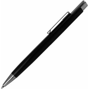 A metal pen in black with a silver clip and tip, featuring a logo on its side.