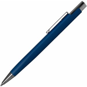 A metal pen in a blue finish with a silver clip and tip, featuring a branding logo.