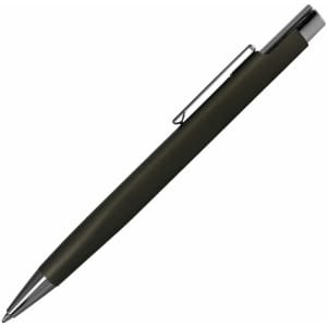 A metal pen in olive green with a silver clip and tip, featuring a logo on its body.