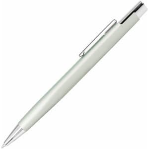 A metal pen in a soft green colour with a silver clip and tip, featuring a logo.