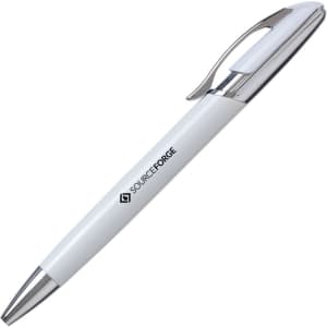 A metal pen with a white barrel and silver accents, featuring a logo on the side.