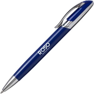 A metal pen in blue with a silver clip and branding on the barrel.