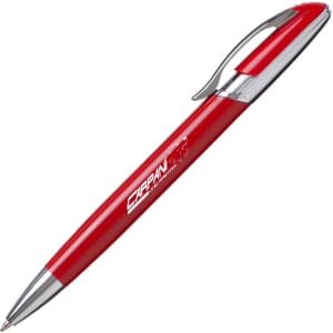A red metal pen with a silver clip and detailing, featuring a logo on the barrel.