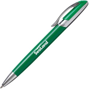A green metal pen with a silver clip and branding on the barrel.