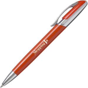An orange metal pen with chrome accents and a logo on the barrel.