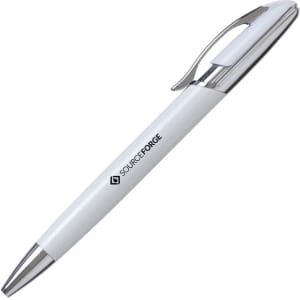 A metal pen in white with a silver clip and branding on the barrel.