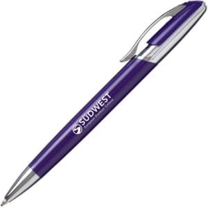 A metal pen in purple with a silver clip and branding on the barrel.