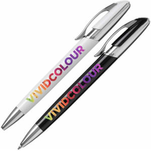 A set of two metal pens, one white and one black, both featuring vibrant multicoloured text and chrome accents.