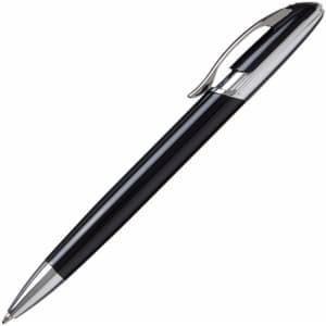 A metal pen with a sleek black barrel and silver accents. It features a clip and a pointed tip for writing.
