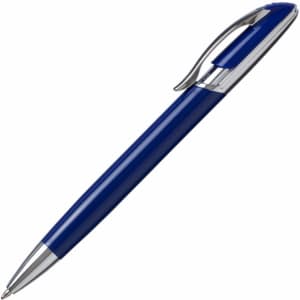 A metal pen with a blue barrel and silver accents, featuring a clip and a branding logo.