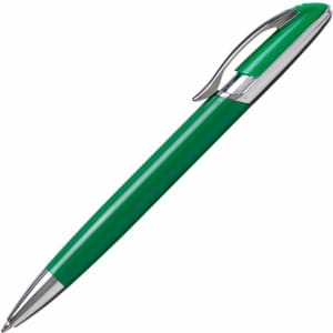 A green metal pen with a silver clip and trim, featuring a logo on the barrel.