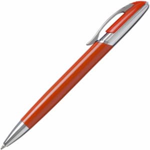 A metal pen in vibrant orange with a chrome clip and accents, featuring a logo on the barrel.
