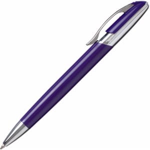 A metal pen in vibrant purple with a silver clip and accents. It has a sleek, modern design.
