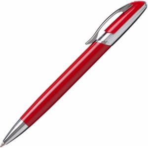 A red metal pen with a shiny silver clip and accents, featuring a branding logo.