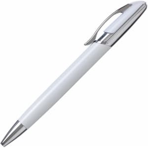 A metal pen in white with chrome accents, featuring a clip and a smooth design. The pen has a logo on its body.