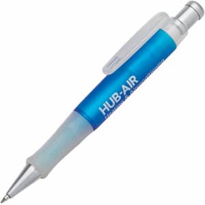 A plastic pen in blue and clear with a grip and a clip, featuring a logo.