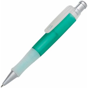 A plastic pen with a teal grip and a silver clip, featuring a transparent barrel and a silver tip.