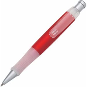A red plastic pen with a clear grip and silver accents. It features a logo on its body.
