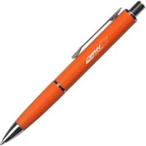 An orange metal pen with a textured grip and a clip, featuring a logo on its body.