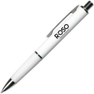 A metal pen in white with a textured grip and a silver clip, featuring a logo.