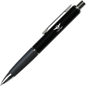 A black metal pen with a textured grip and shiny clip, featuring a logo on the barrel.