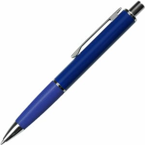 A metal pen in blue with a textured grip and a shiny silver clip and tip. It features a branding logo.