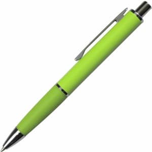 A green metal pen with a textured grip and chrome accents, featuring a clip and a logo.