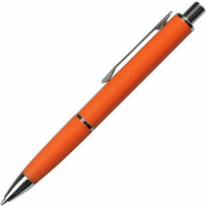 An orange metal pen with a textured grip and chrome accents, featuring a clip and branding.