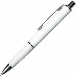 A metal pen in white with a textured grip and chrome accents. The pen features a clip and a logo.