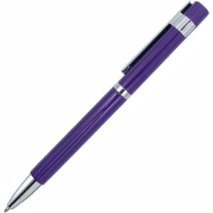 A purple pen with a silver clip and tip, featuring a logo on its barrel.