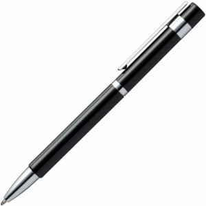 A black pen with silver accents and a clip, featuring a sleek design and shiny finish.