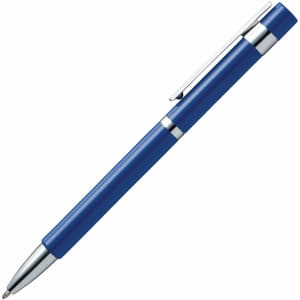 A blue pen with a silver clip and detailing, featuring a sleek design and branding.