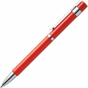 A red pen with a silver clip and accents, featuring a sleek design.