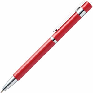 A red pen with a chrome trim and a clip for easy attachment. It features a smooth barrel design.