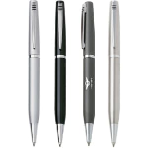 Four assorted pens in silver, black, dark grey, and light grey, featuring a logo on one of them.