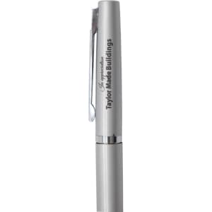 A silver pen with a sleek design and a clip, featuring a logo or branding on the barrel.