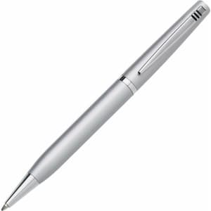 A silver pen with a sleek design and chrome accents. It features a pocket clip and has a branding logo.