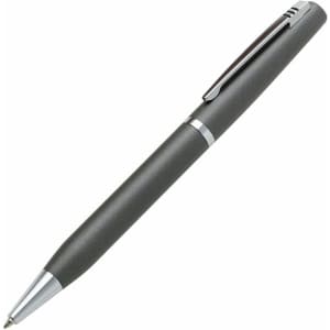 A black pen with a silver clip and tip, featuring a sleek design and smooth finish.