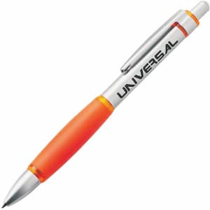 A metal pen with a silver barrel and an orange grip featuring a branding logo.